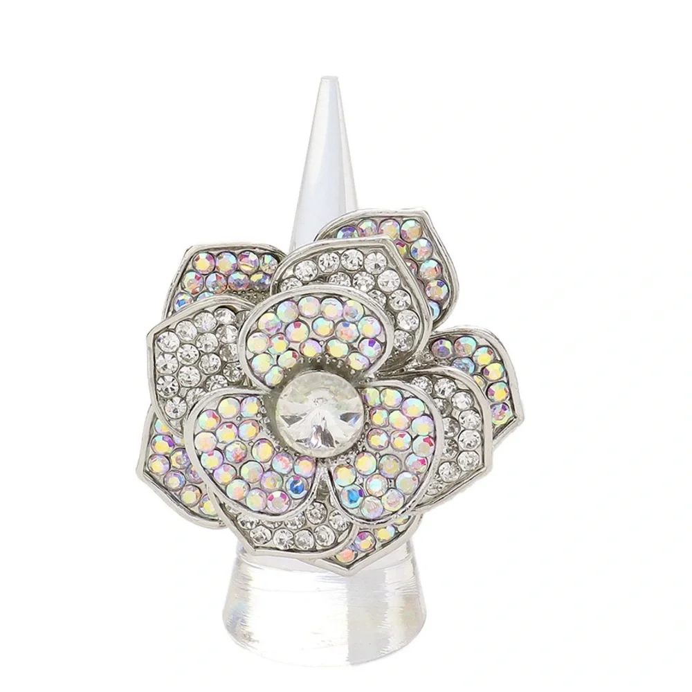 Round Stone Centered Rhinestone Paved Flower Stretch Ring - Picture 1 of 4
